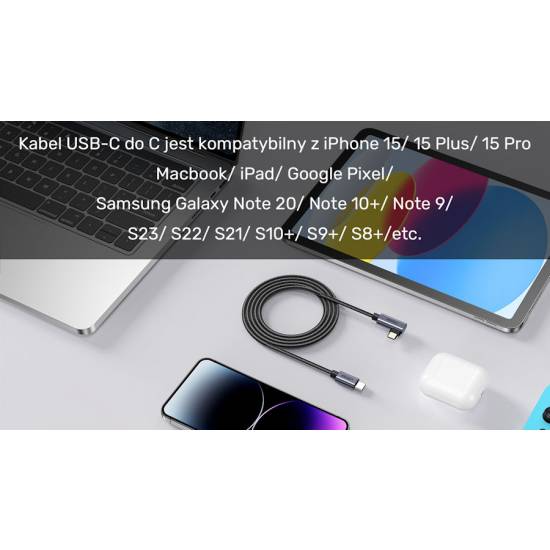 Kabel USB-C -> USB-C kątowy 2,0m PD 100W Unitek C14123BK-2M